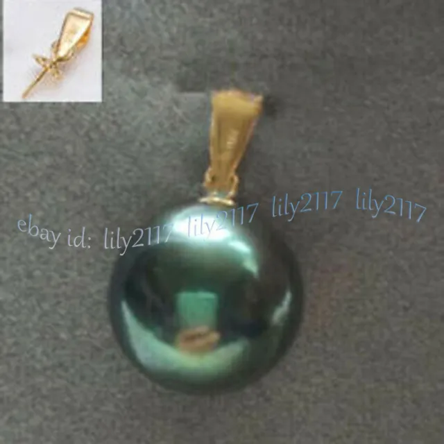 Gorgeous AAAA 10-11mm Natural Black Green Tahitian Round Pearl Pendant 14K Gold
