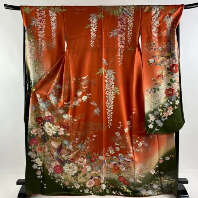 Woman Japanese Kimono Furisode Silk Flower Bird Embroidery Gold Foil Vermilion