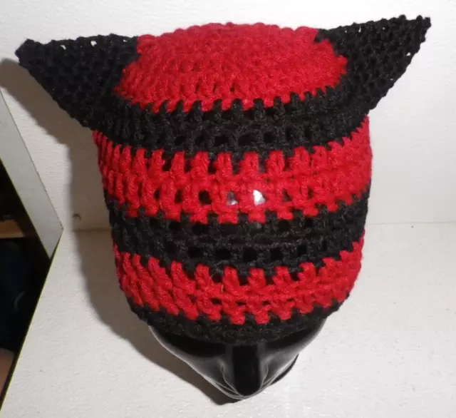 Hat Beanie Cap Adult Size Cat Ears HandMade USA Crochet Knit Black Red Kitty