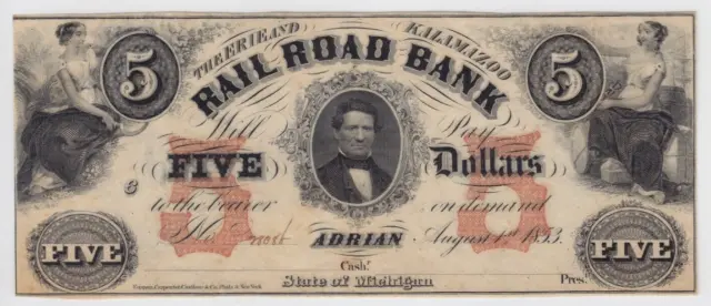 1853 Erie and Kalamazoo Rail Road Bank $5 Obsolete Note Adrian, MI