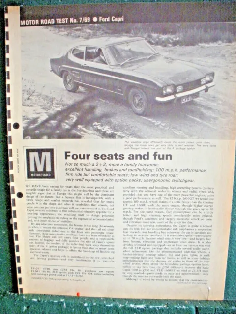 Ford Capri 1600GT 1969 Road Test article 0-60 12.7 seconds 6 page sides CVX705G
