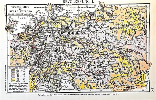 Alte Lithographie, Bevölkerungsdichte in Mitteleuropa, ca.1920, Landkarte,selten