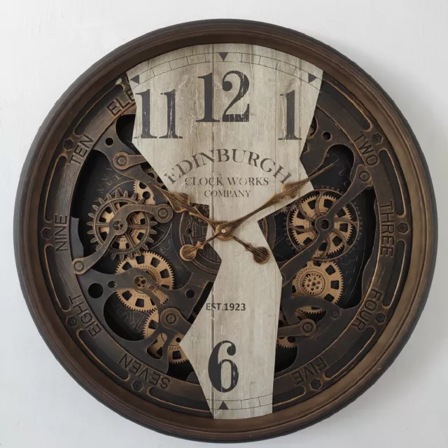 Extra-Large 76cm Wall Clock: Vintage Moving Gears- Antique Brown and White