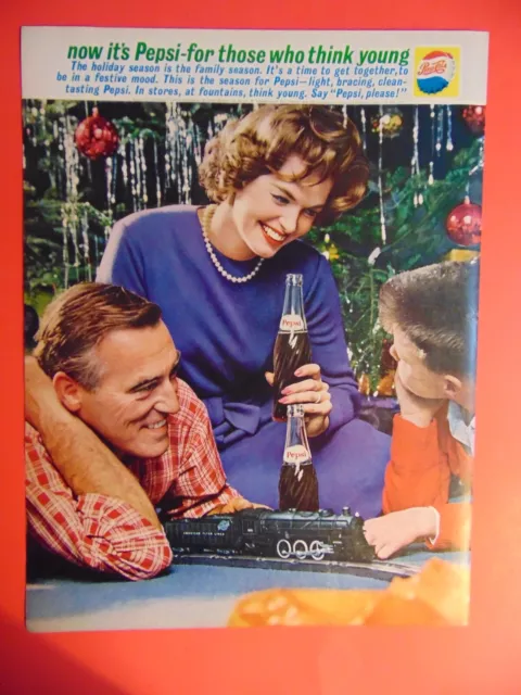 1961 PEPSI COLA Family Holiday X-mas Tree Toy Train print ad