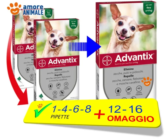 Advantix Bayer per cani fino 4 kg - 1 / 4 / 6 / 8 / 12 / 16 pipette - da 0-4 kg