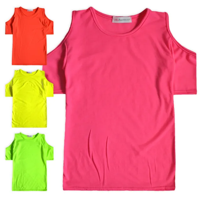 Girls Neon Cold Shoulder Top New Kids Stretch Summer T-Shirt Tee Age 5- 13 Years