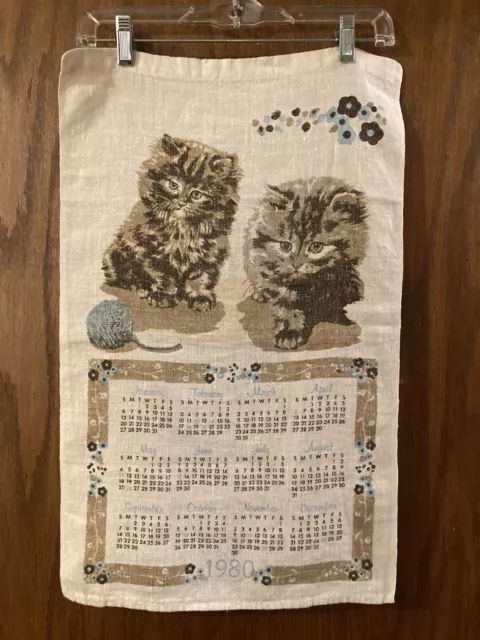 Vintage 1980 Linen Kitchen Towel Calendar Kittens or Cats Yarn Flowers