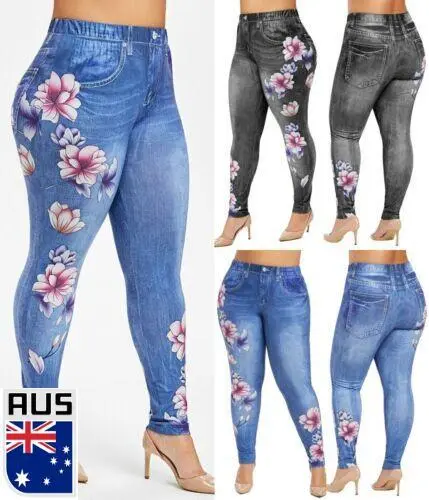Women Stretch High Waist Denim Jeans look Leggings Jeggings Trousers Plus Size