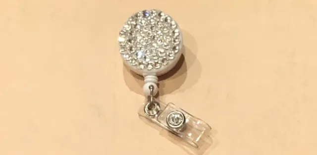 Swarovski Clear Crystals On White Badge Reel ID Holder Custom Handmade New