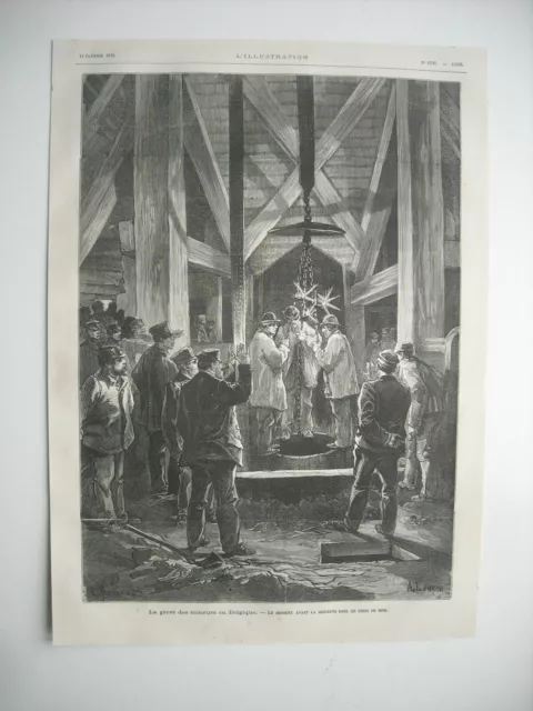 GRAVURE 1876. LA GREVE DES OUVRIERS HOUILLIERS EN Belgique. LE SERMENT. A LANCON