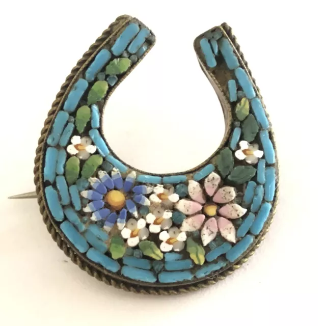 Antique Victorian Turquoise Italian Micro Mosaic Flower Lucky Horseshoe Brooch