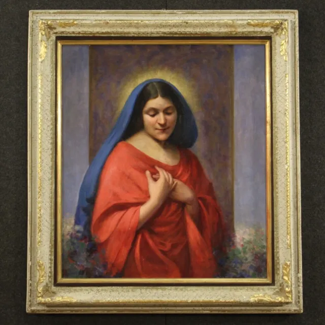 Pintura religiosa Virgen cuadro óleo sobre lienzo fechada marco 900 siglo XX