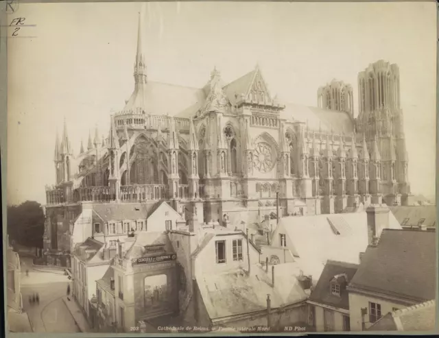 Neurdein, Cathédrale de Reims, Façade latérale Nord vintage albumen print Tira