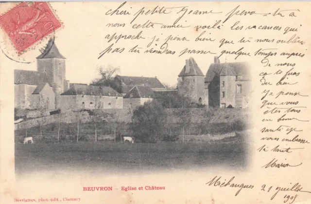 Carte postale ancienne NIEVRE BEUVRON église et château timbrée 1905