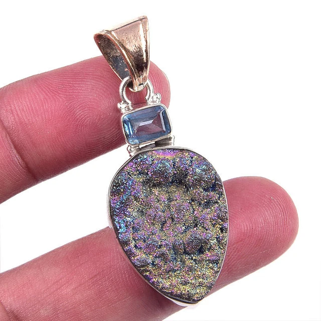 Titanium Druzy,Blue Topaz Gemstone 925 Solid Sterling Silver Pendant 1.75"