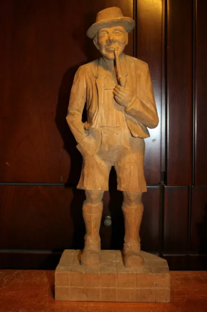 Antique 16" German Hand Carved Wood Smoking Bavarian Old Man Figure Statue Gift 2