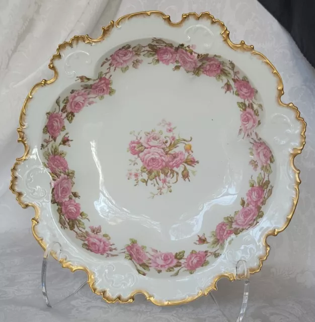 Antique Gda Limoges France Scalloped Edge Gold Rim & Roses Bowl Amazing 10,5"