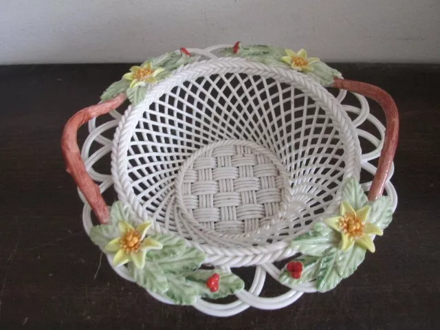 Vtg Belleek Ireland Reticulated Porcelain Round Weaved Basket Bowl Dish Flowers