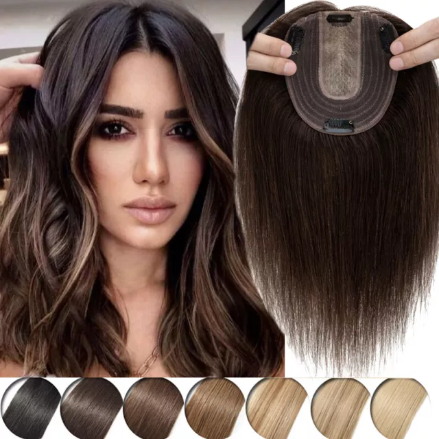 Brown 100% Remy Human Hair Topper Toupee Hairpiece/Wigs Clip In Silk Base 6"-18"