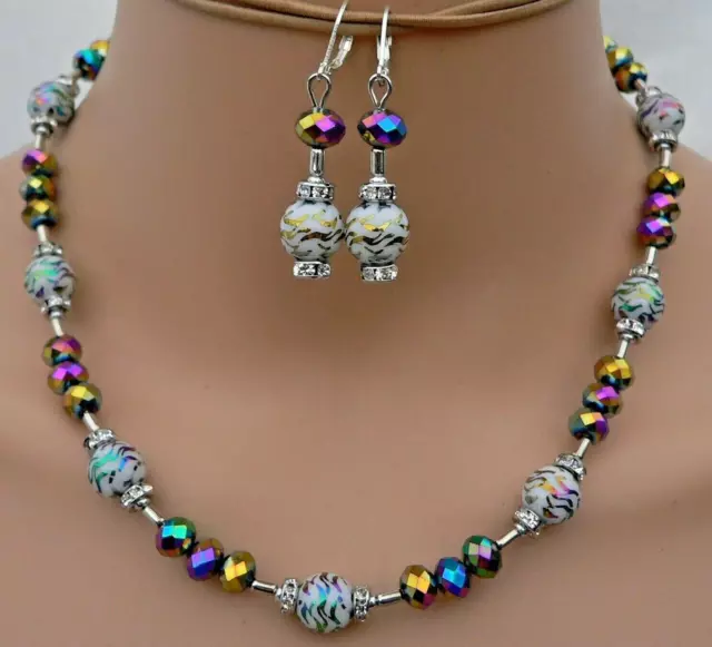 edel Schmuckset Halskette Collier Ohrringe Perlen Glas Strass multicolor  156a