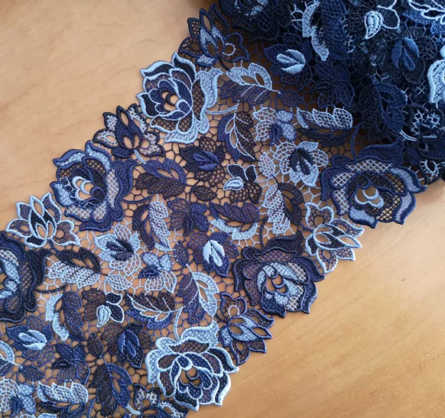 3.5 Yards 7" Wide Rayon Venise Floral Lace Trim Dark Blue with Baby Blue s0311