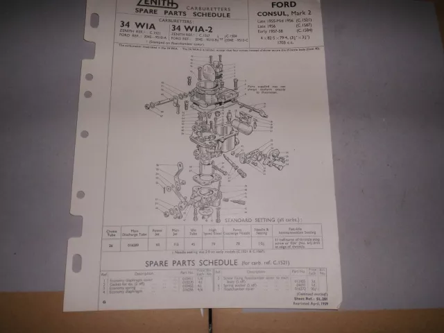 Zenith 34 Wia Carb Ford Consul Mk2 Spare Parts Sheet