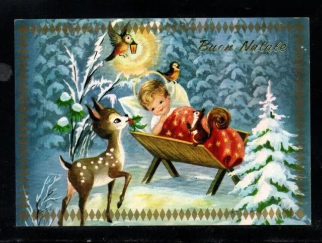 Cartolina Buon Natale Gesu Bambino Cerbiatto Uccellini Scoiattolo Z463