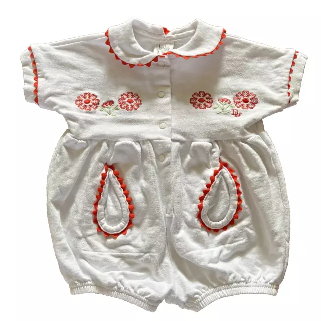 Vtg Baby Dior Infant White Romper 18 Months Embroidered Logo & Flowers Rick Rack