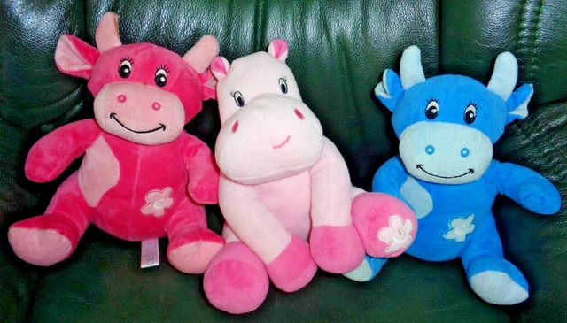 Eb / Lot 3 Doudou Peluche Grelot Arthur Et Lola Vache Hippopotame Rose Bleu Kom9