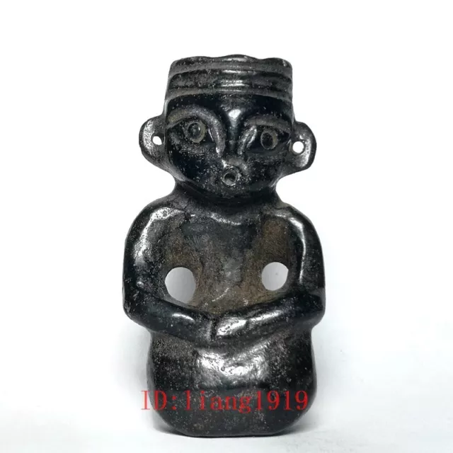 Collection Old China Hongshan Culture Black Magnet Jade Carving Person H 7.7 CM