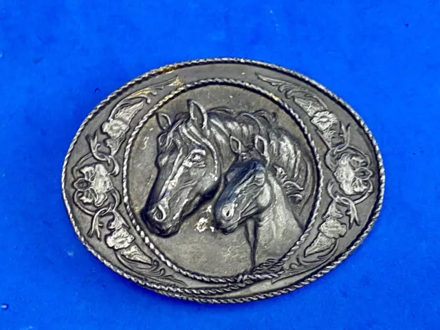 Two Horse Heads  Dark Silver Metal Western Belt Buckle - unknown makers mark