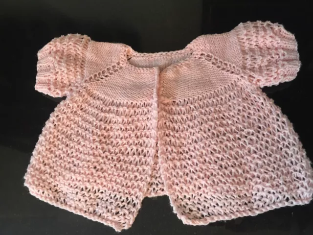 Vintage Hand Knit Crochet Baby Girl Cardigan Sweater Open Work + Pink Buttons!