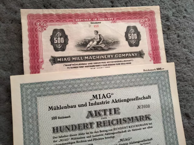 Mühlenbau und Industrie AG Braunschweig Aktie 100 RM 1938 + 500 $-Anleihe 1926