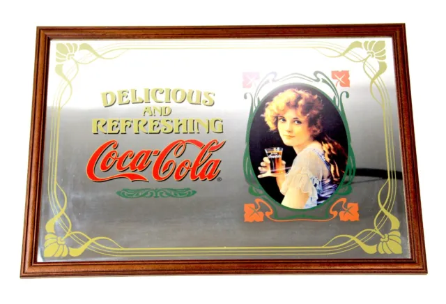 Coca-Cola Advertising Mirror Sign Vintage Wooden Frame Pub Man Cave Bar Advert