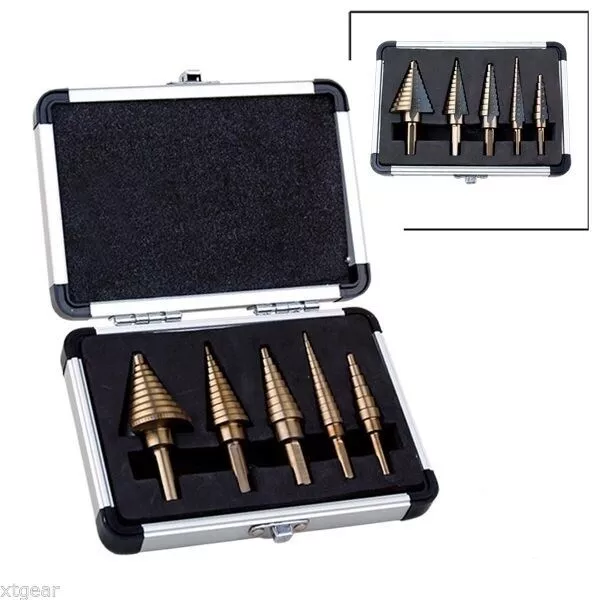 5pc SAE HSS Cobalt Step Drill Bits w/ Aluminum Case