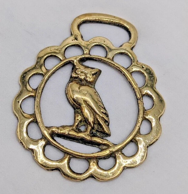 Brass Horse Medallion Vintage English Owl Night Bird Prey Pierced Show Parade