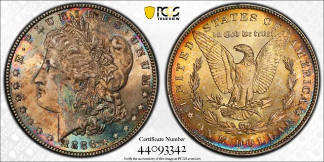 1886-P Morgan Dollar PCGS MS64 Beautifully Toned On Both Sides. Gold Shield