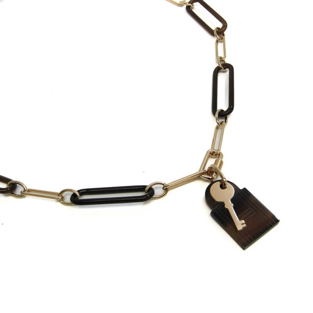 Hermes Buffalo Horn Metal Women Pendant Necklace Beige Dark Brown Gold Amulet Pa