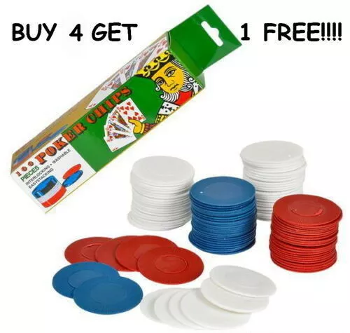 100 Poker Chips Red White Blue Plastic Easy Stacking Washable Interlocking Nice