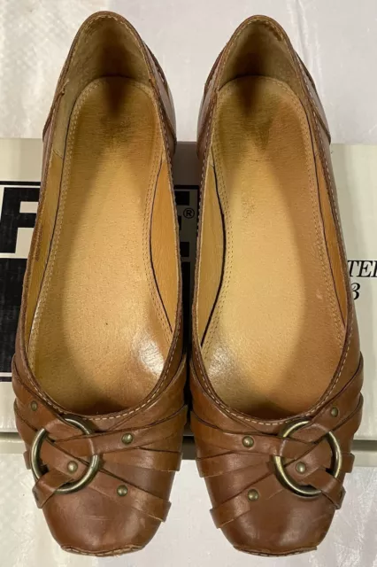 Womens Frye Anna Harness Square Toe Ballet Flats Brown Leather Classic Sz 6.5M