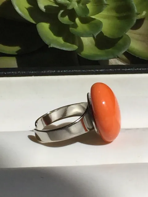 Large Orange Glass Statement Ring - handmade Glass Round Stone Adjustable Ring