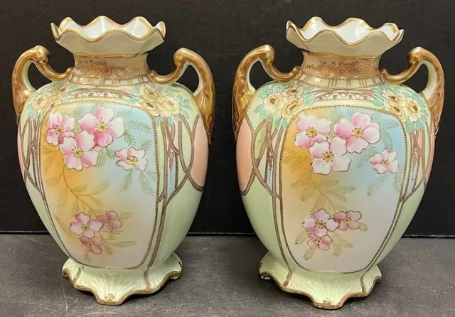 Antique Matched Pair Hand Painted Nippon Morimura Porcelain Mantel Vases, NR