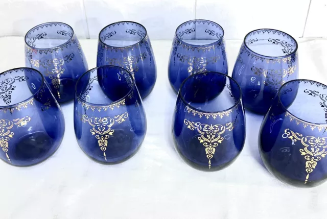 Moroccan Style Stemless Wine Glass  Cobalt Blue Gold Raised Design Set 8 Elegant