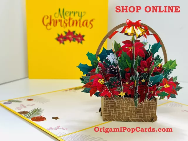 ORIGAMI POP CARDS  Merry Christmas Red Poinsettia Basket 3D Pop Up Greeting Card