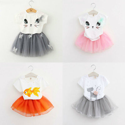 Baby Girls Dress Casual Kitty Cat Print Birthday Short Sleeve Kids Party Clothes