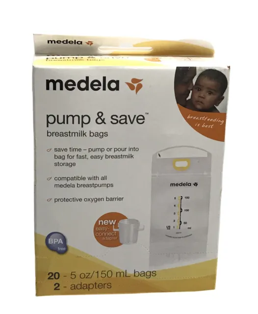 Medela Pump & Save Breastmilk Bags (20 count w/2 adapters) New/Sealed Box