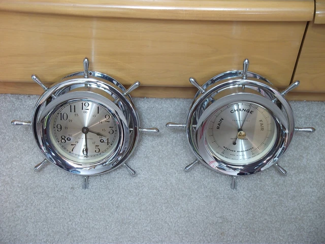 Seth Thomas Chrome Helmsman Clock E537-001A & Barometer E537-011A