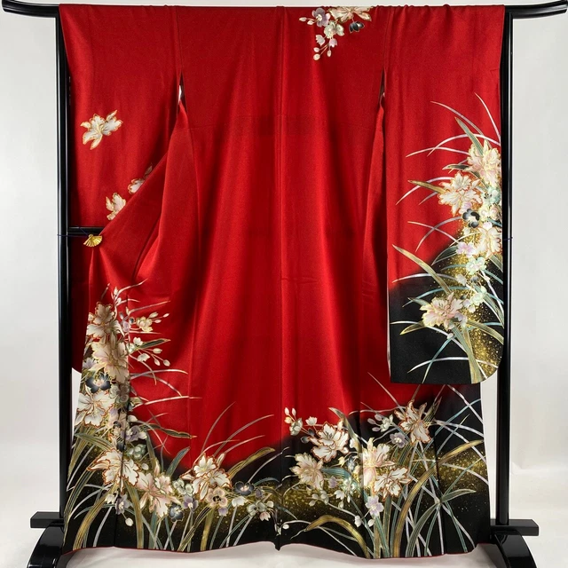 Japanese Silk Kimono Robe Vintage Furisode Long Sleeves Gold Silver Red Flower