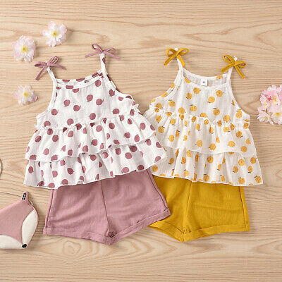 Toddler Baby Kids Girls Strap Bow Ruffles Tops Solid Shorts Pants Outfits Set