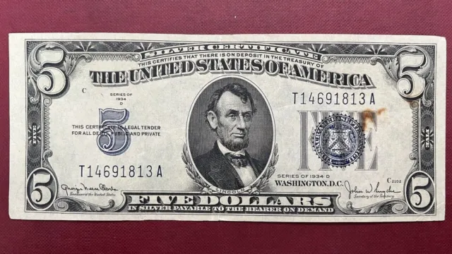1934 D Five Dollar Silver Certificate $5 Bill Blue Seal Note Better Grade #59015